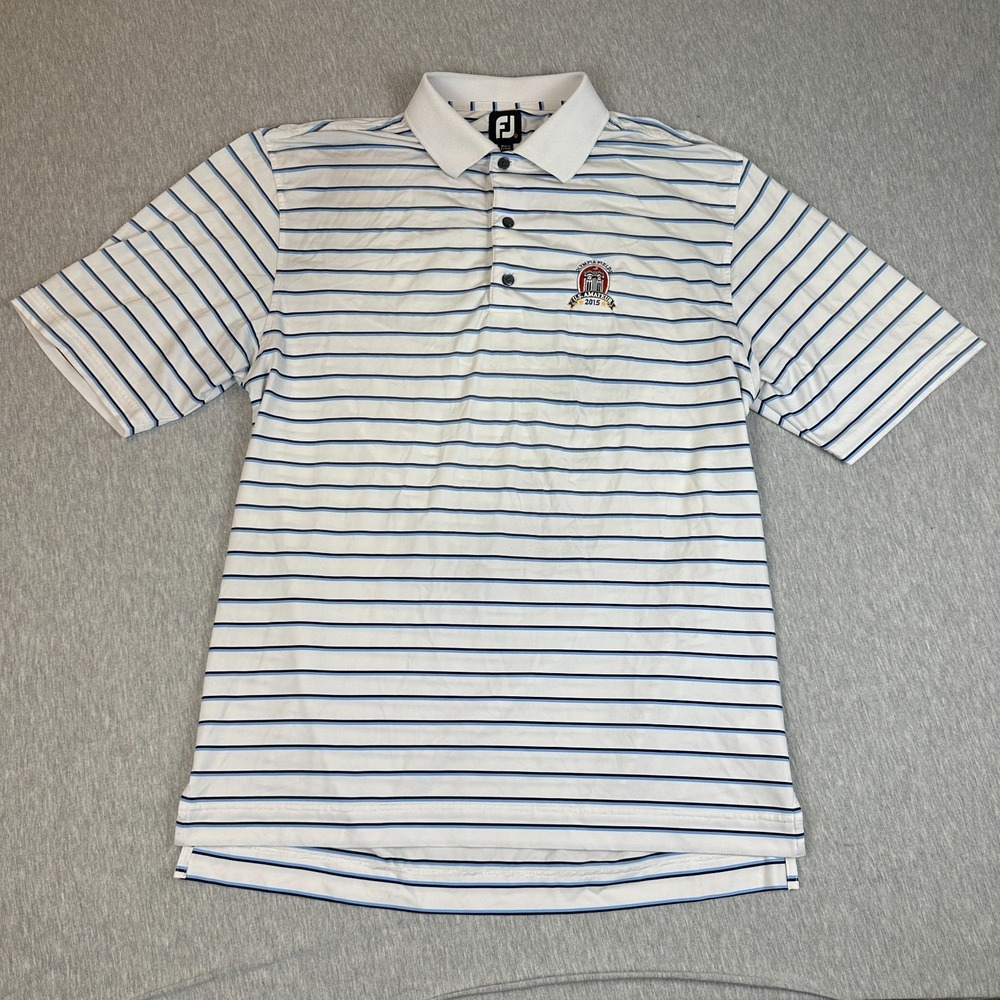 FootJoy Prodry Lisle Mens L White Striped Polo 2015 Olympia Fields Amateur Open
